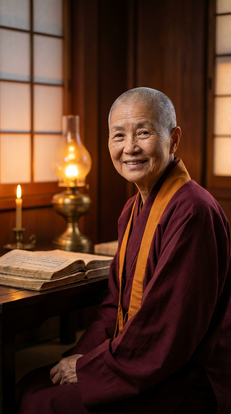 Sister Mei Ling beside the lamp, weathered hands and books